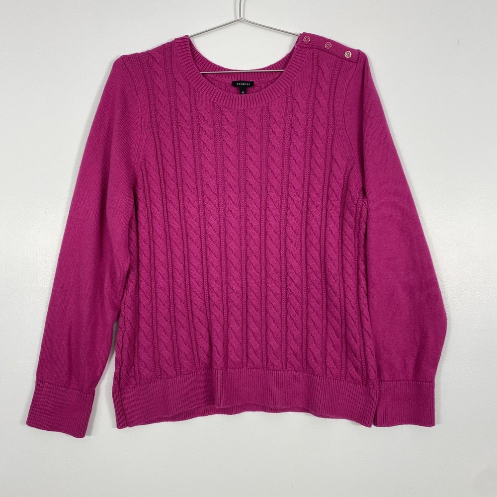 Talbots Sweater‎ Womens XL Pink Cable Knit Button Shoulder Crewneck Pullover